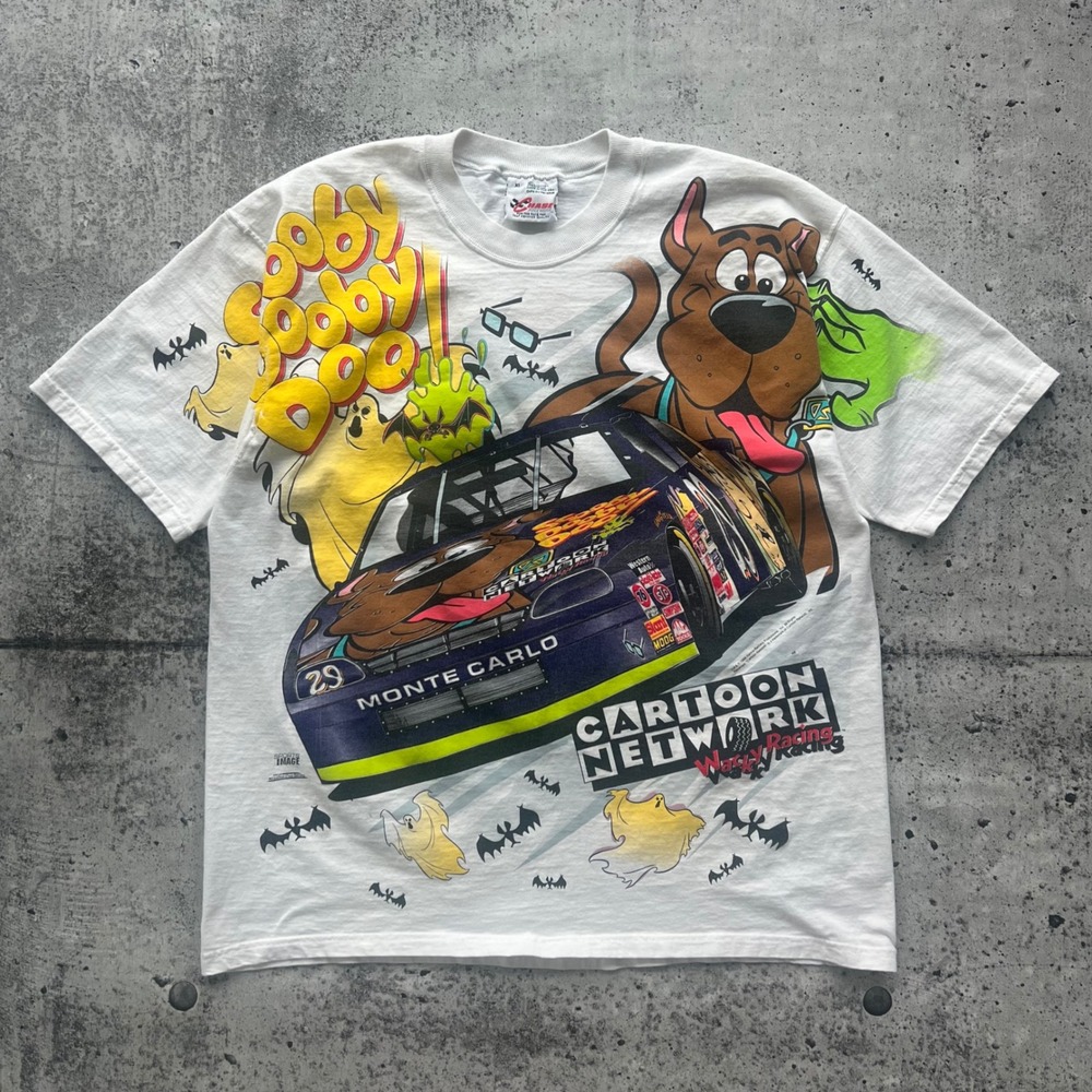 Vintage Scooby-Doo T-Shirt Men XL White Chase Racewear NASCAR Ghoul Shaggy AOP